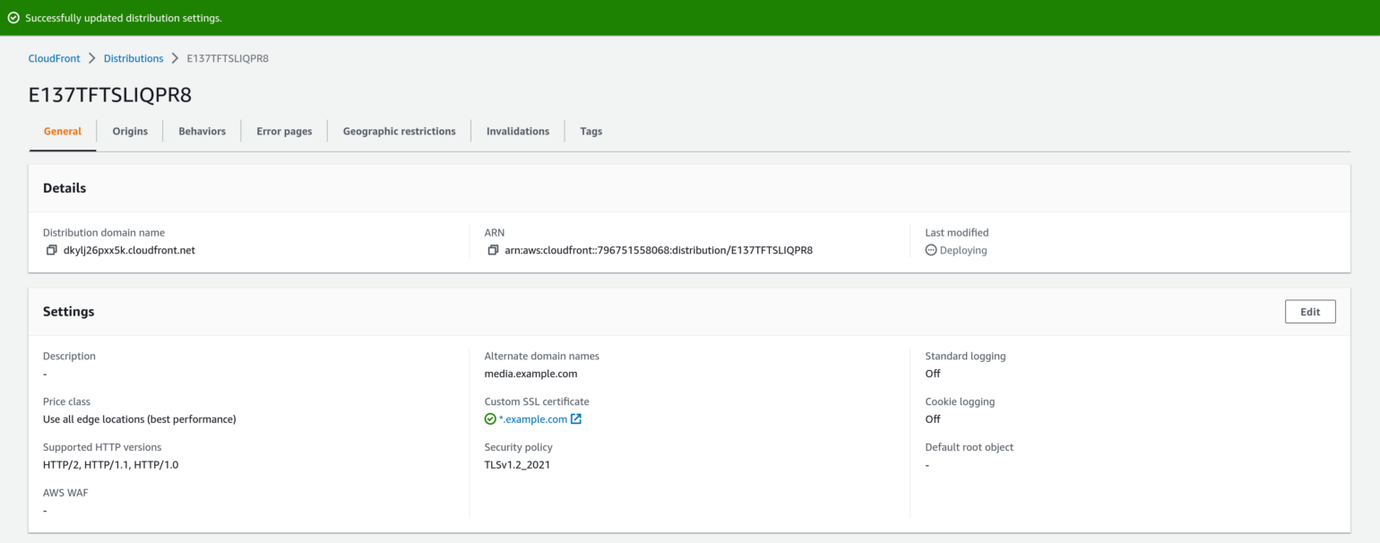 Screenshot of Amazon CloudFront distribution details page after successfully adding an alternate domain name