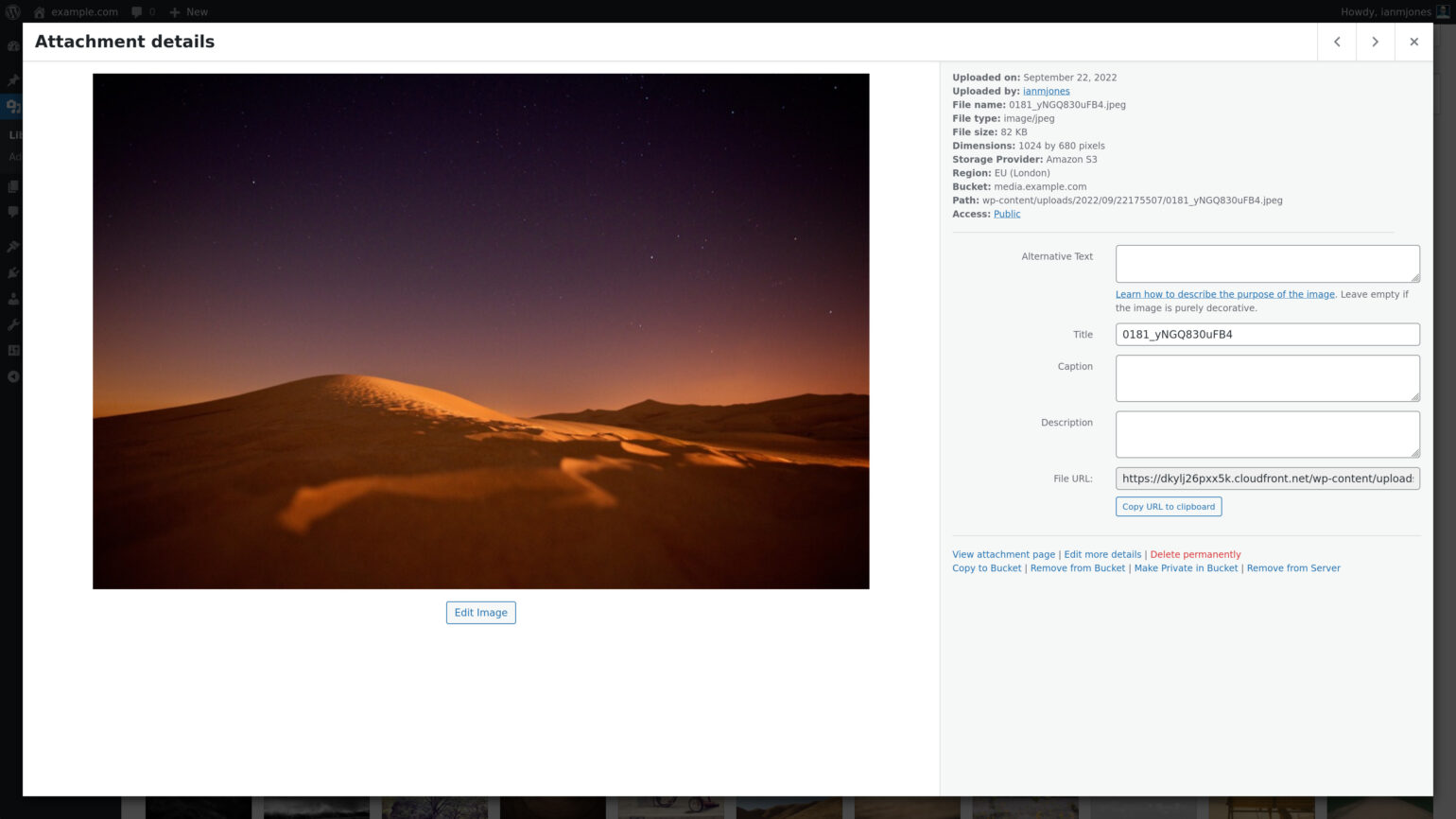 Screenshot of Media Library item grid mode overlay showing image served from CloudFront
