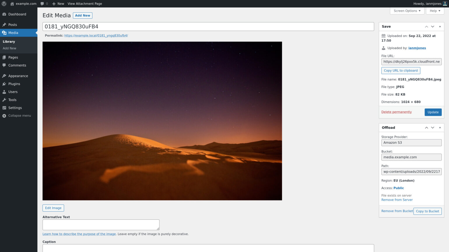 Screenshot of Media Library item list mode edit media page showing image served from CloudFront