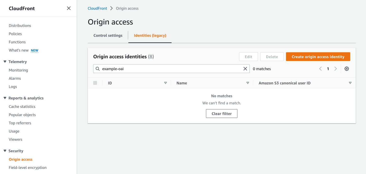 Screenshot of Origin Access Identity list