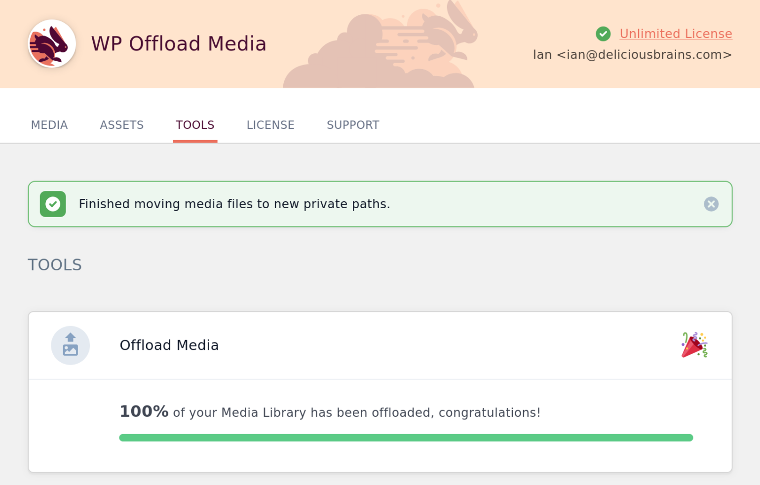 Screenshot of WP Offload Media finished moving private media files notice