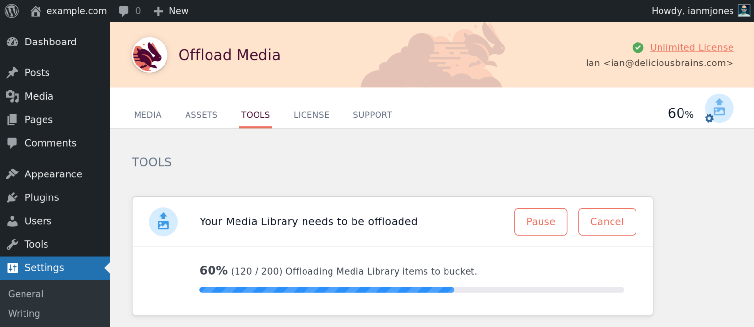 Screenshot of WP Offload Media showing tools tab with offload tool in progress