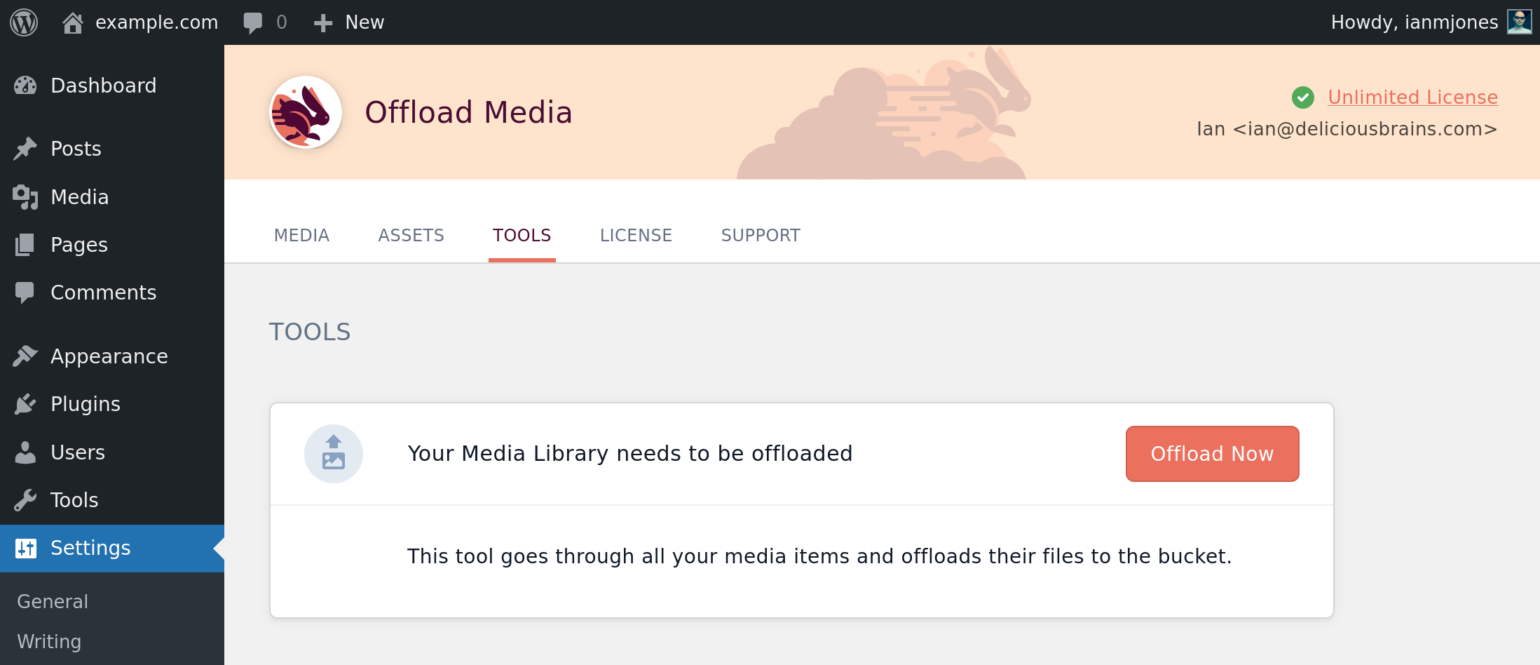 Screenshot of WP Offload Media showing tools tab with offload tool when nothing offloaded