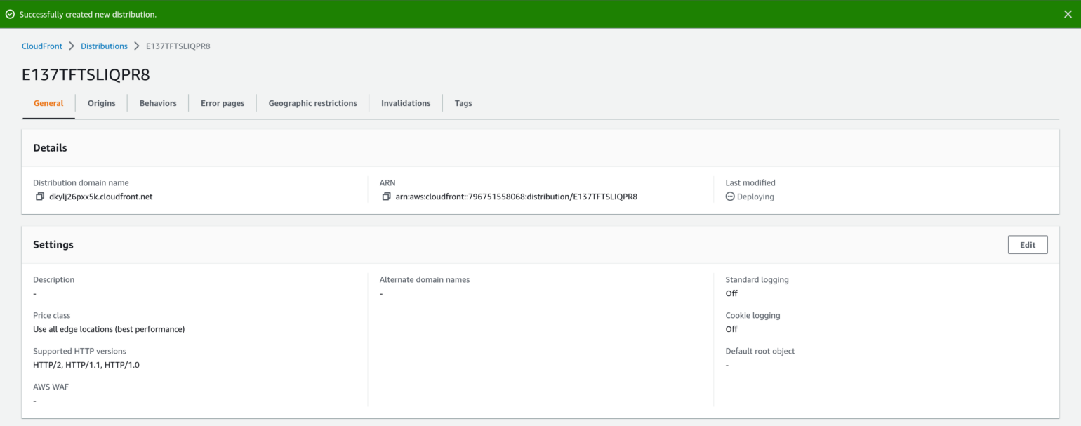 Screenshot of an AWS Console page showing the new CloudFront distribution deploying