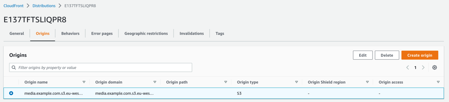 Screenshot of an Amazon CloudFront distribution Origins with S3 origin selected