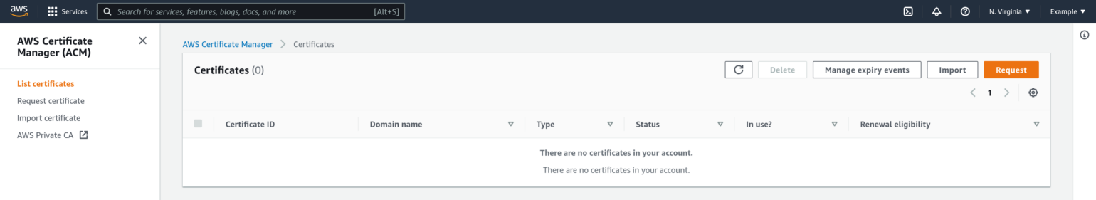 Screenshot of an empty list of certificates in the AWS Certificate Manager