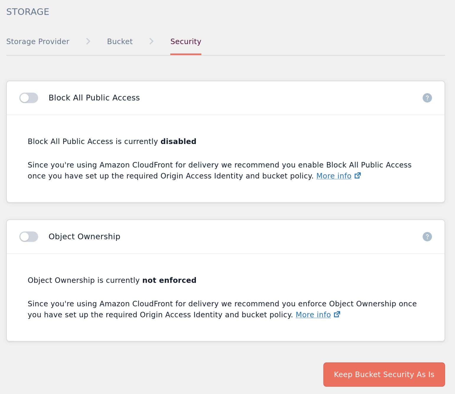 Screenshot of bucket security page in WP Offload Media when CloudFront configured but Block All Public Access and Object Ownership Enforcement turned off