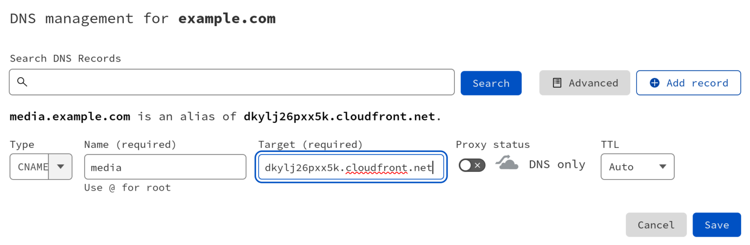 Screenshot of entering the CNAME DNS entry for a custom domain pointed at a CloudFront distribution domain name