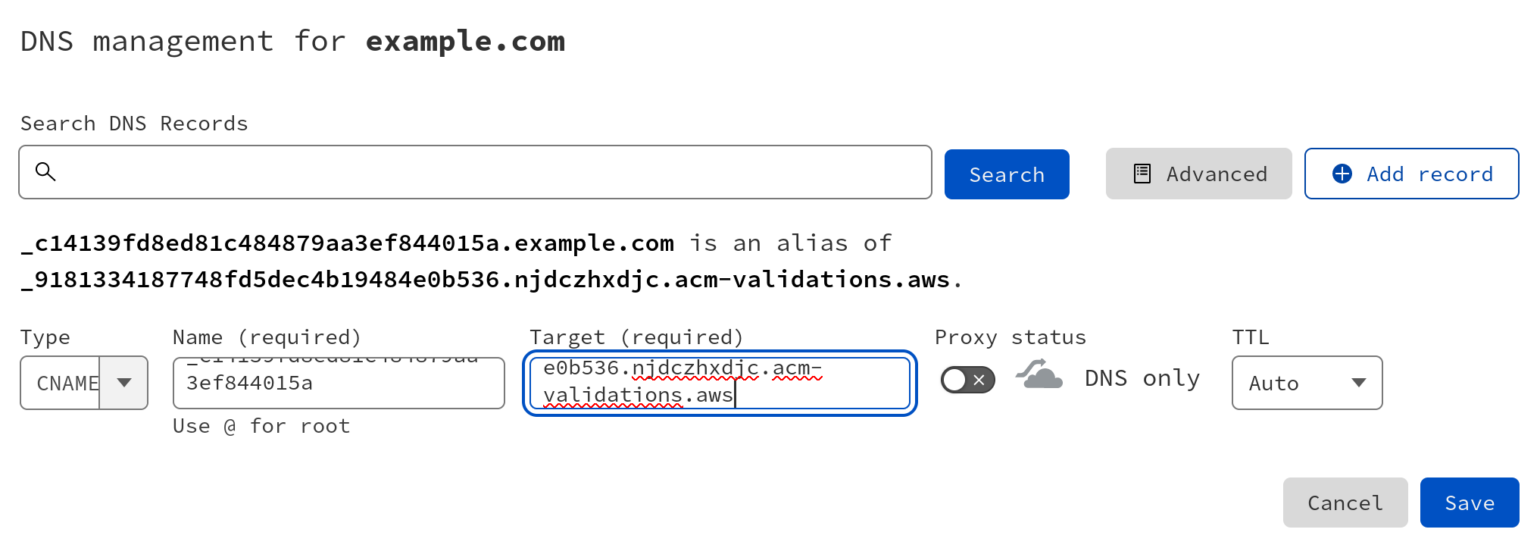 Screenshot of entering the CNAME details for DNS validation of an AWS Certificate Manager certificate