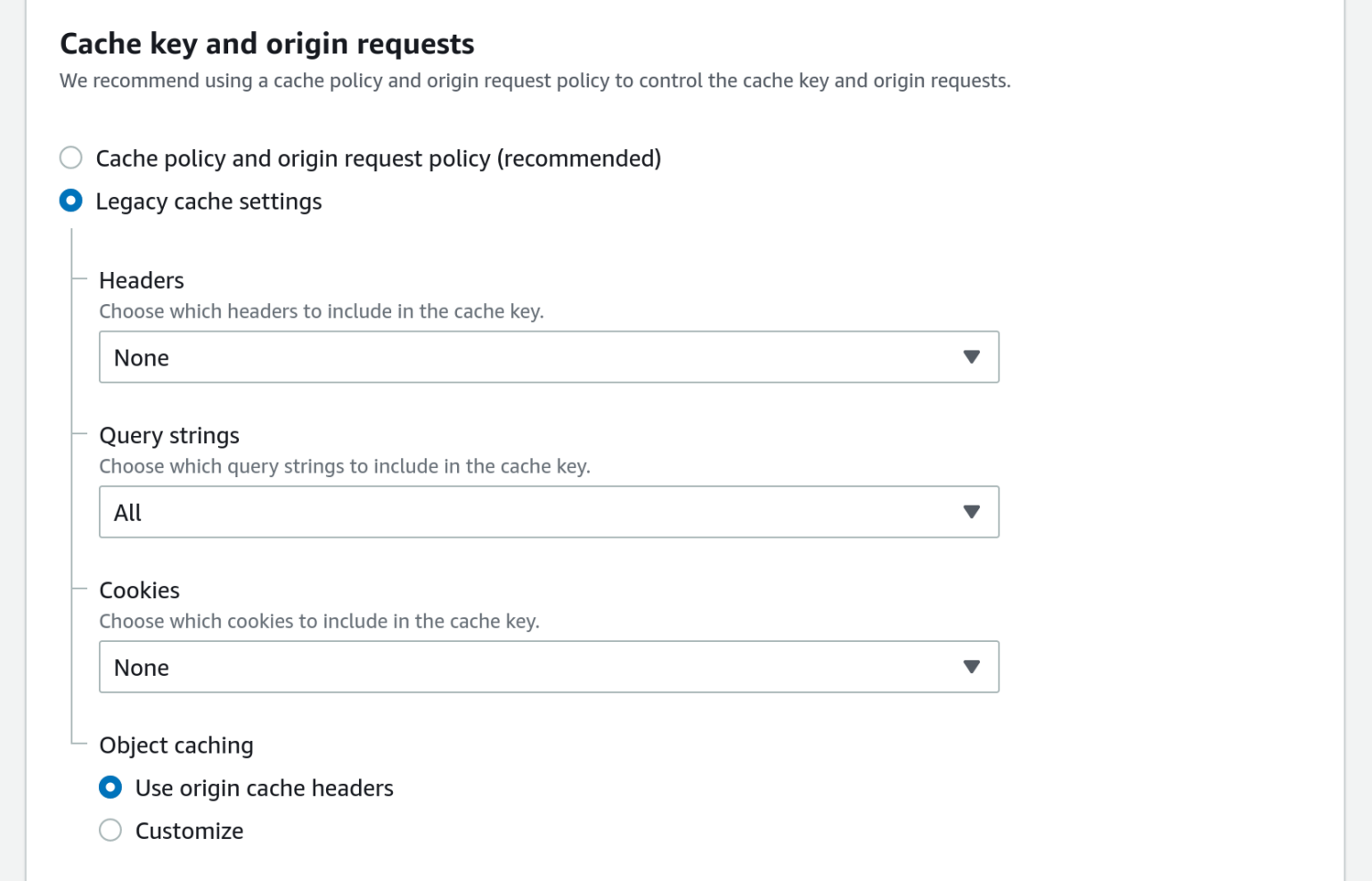 Screenshot of the default cache behavior settings for a new CloudFront distribution for assets