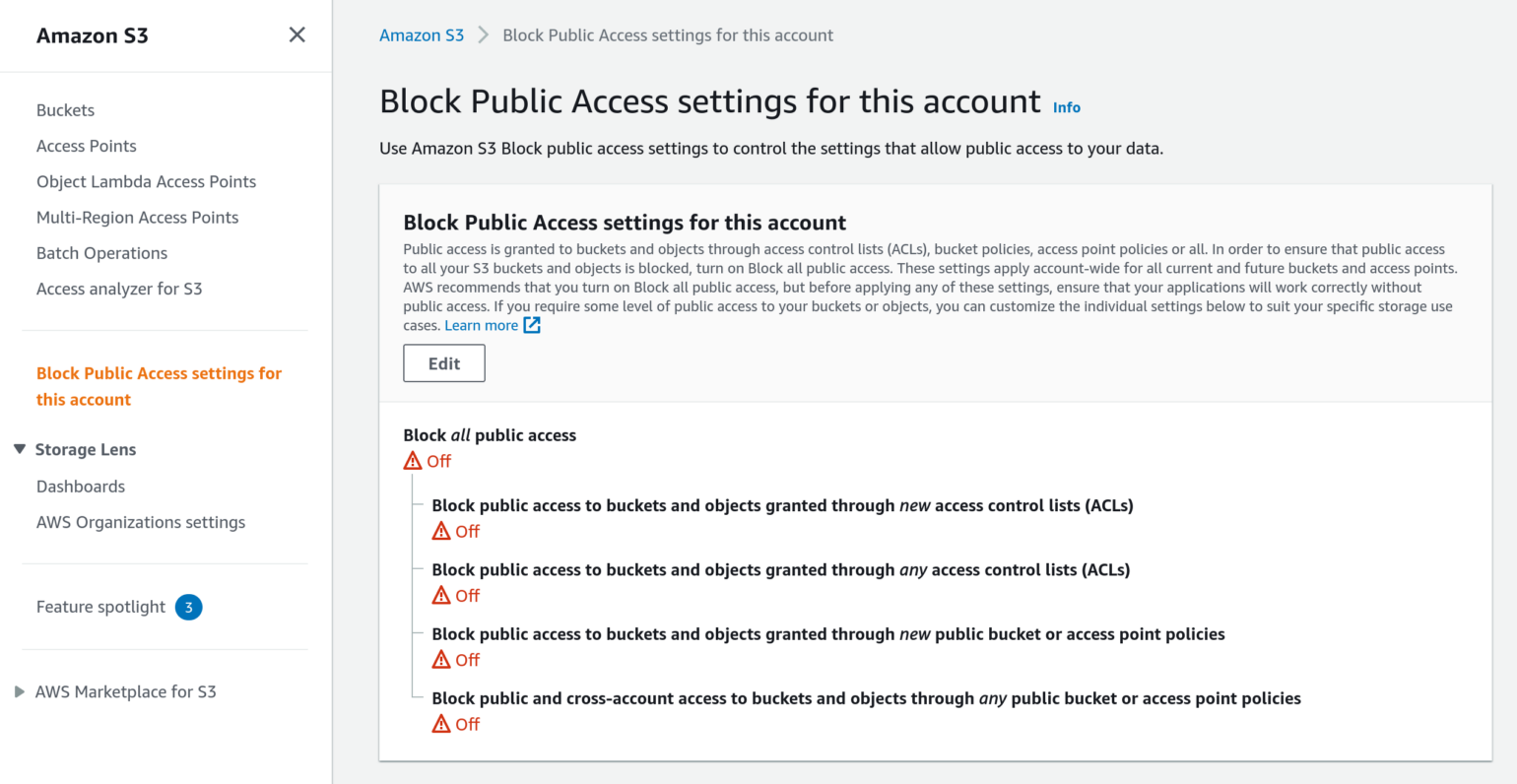 Screenshot of Amazon S3 Block Public Access Account Settings