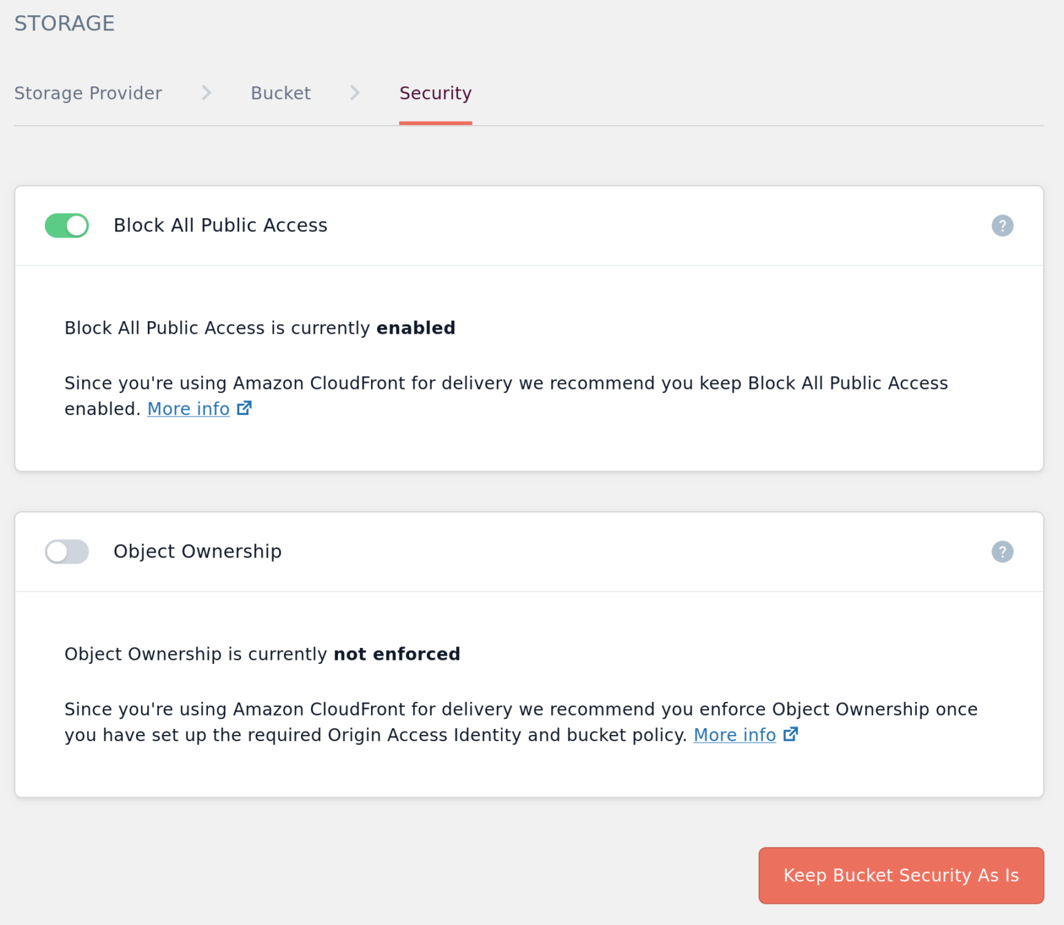 Screenshot of Bucket Security page with Block All Public Access enabled prompt with CloudFront as Delivery Provider