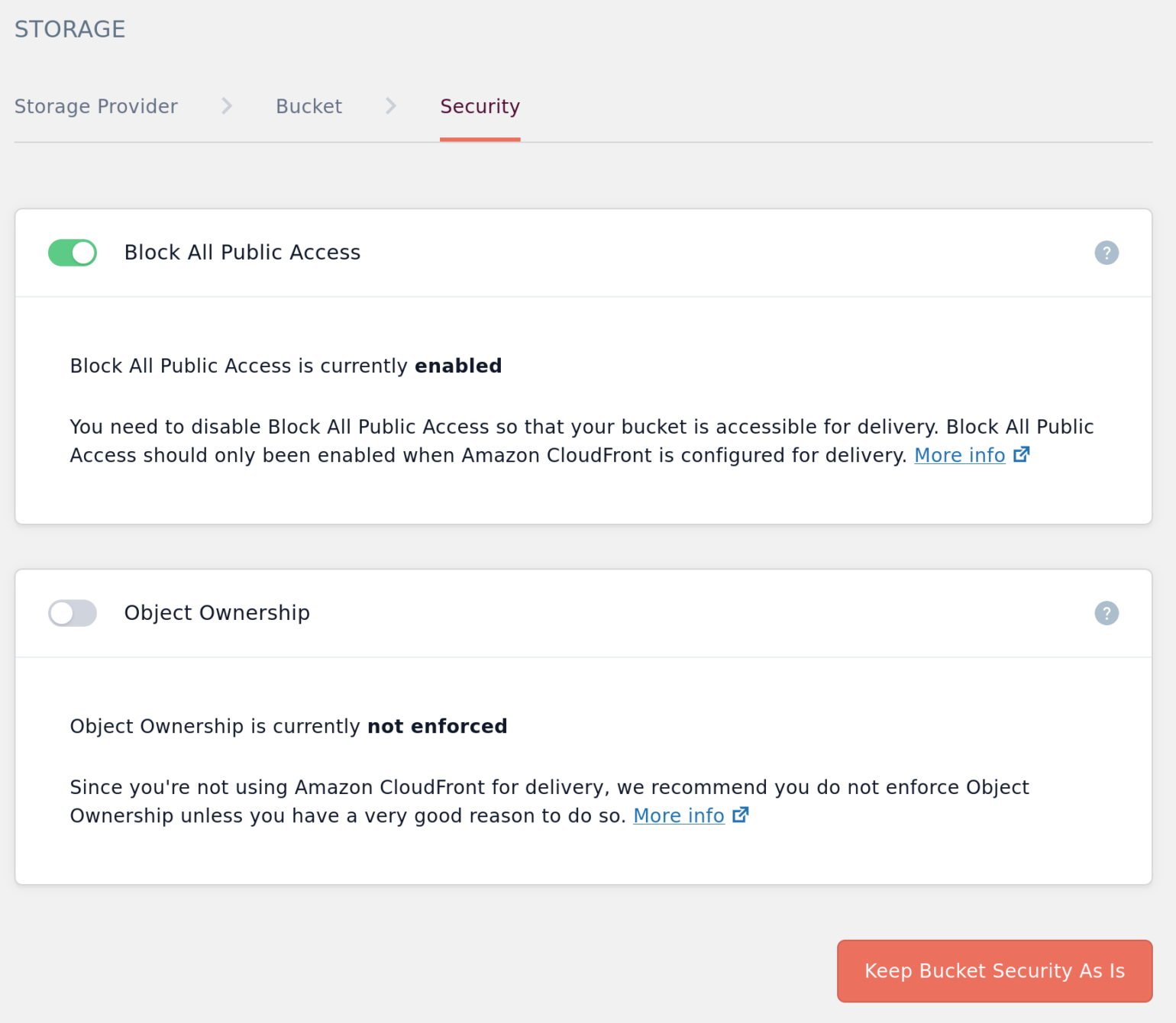 Screenshot of Bucket Security page with Block All Public Access enabled prompt with S3 as Delivery Provider