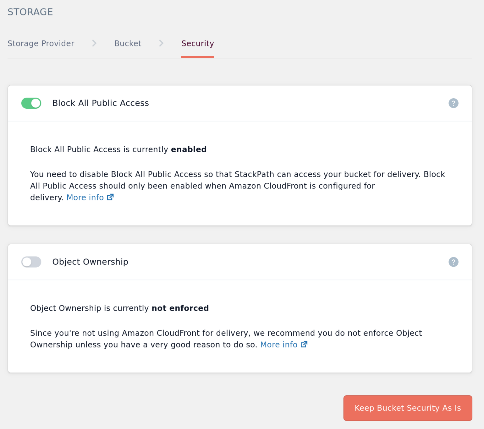 Screenshot of Bucket Security page with Block All Public Access enabled prompt with StackPath as Delivery Provider