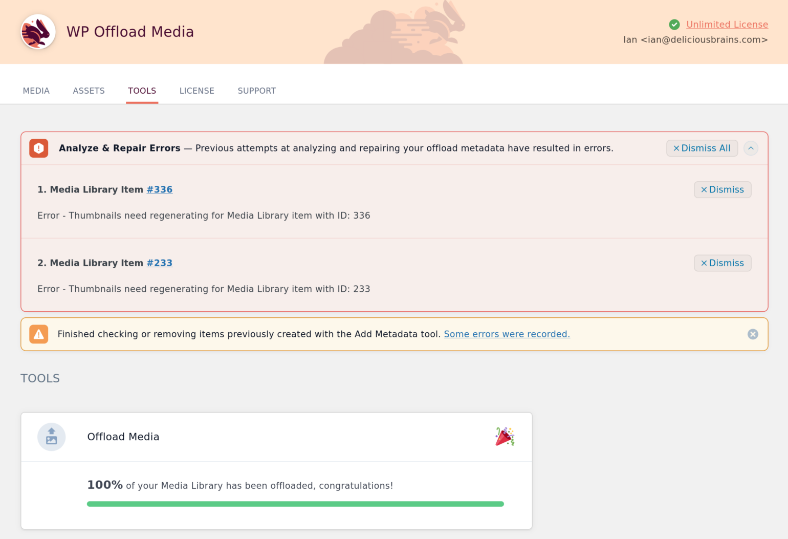 Screenshot of Check or remove items created with the Add Metadata tool error notice