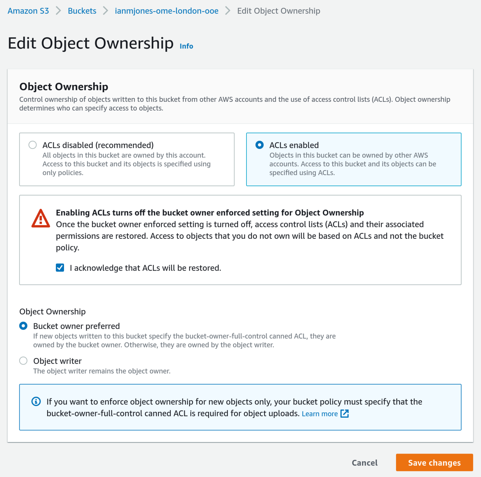 Screenshot of Edit Object Ownership page for a bucket in AWS Console when ACLs newly enabled