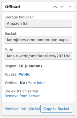 Screenshot of Media Library item Offload metabox showing verified no