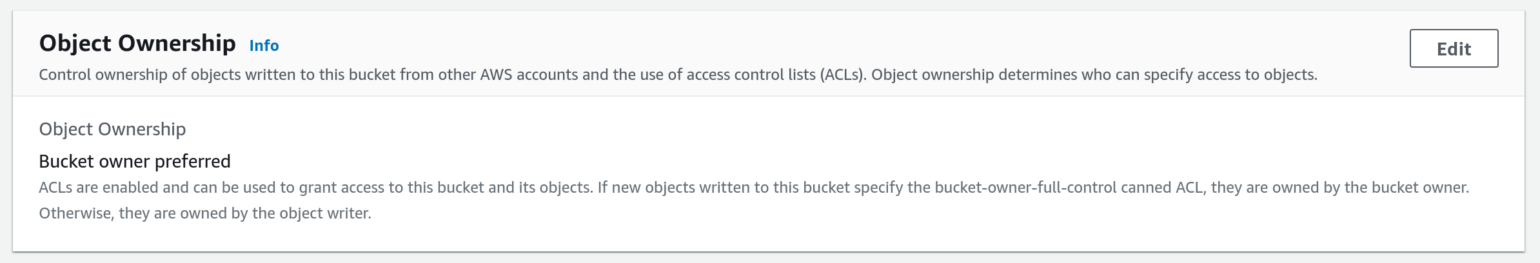 Screenshot of S3 bucket’s Object Ownership setting with ACLs enabled and bucket owner preferred selected