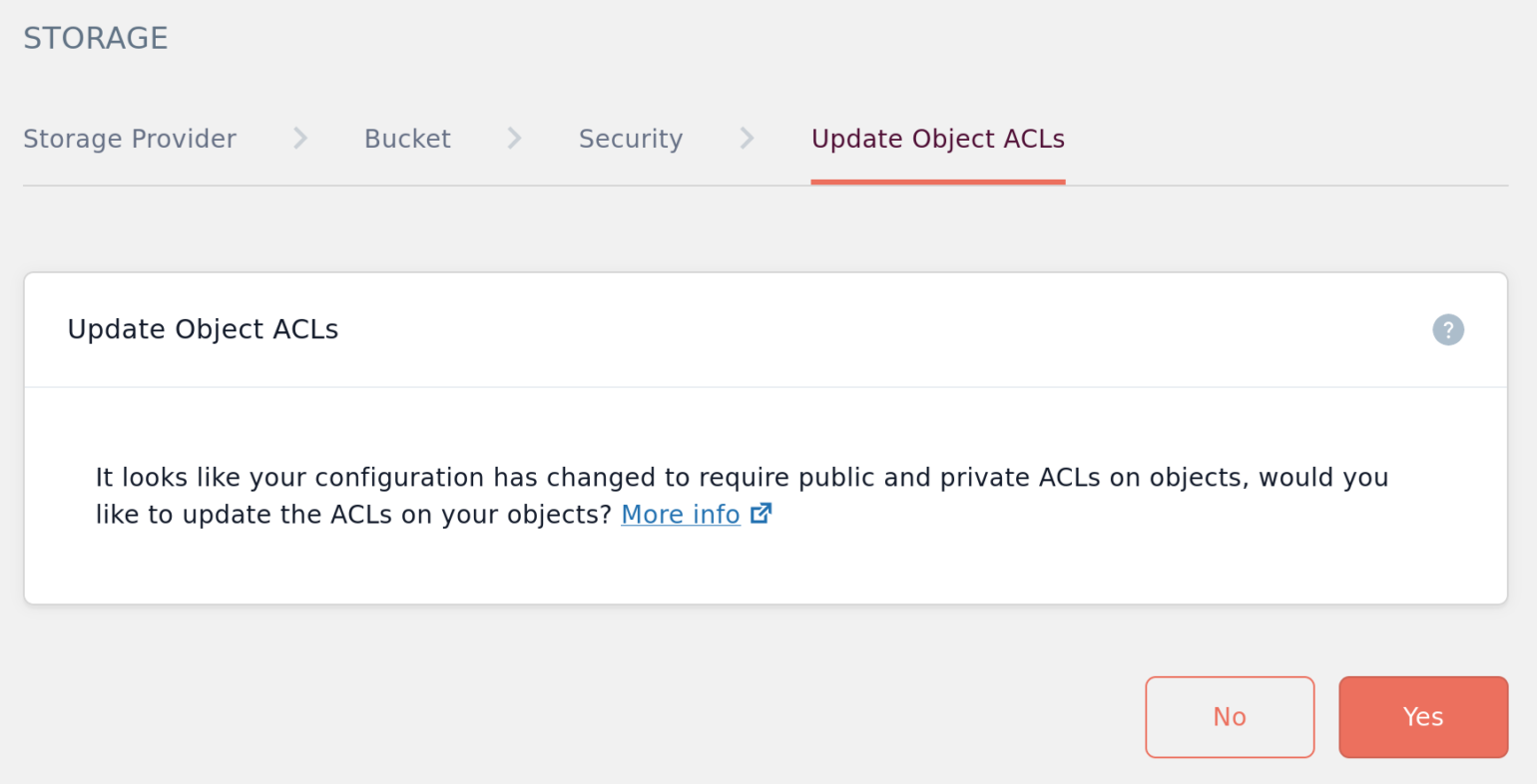 Screenshot of Update Object ACLs prompt after Block All Public Access disabled