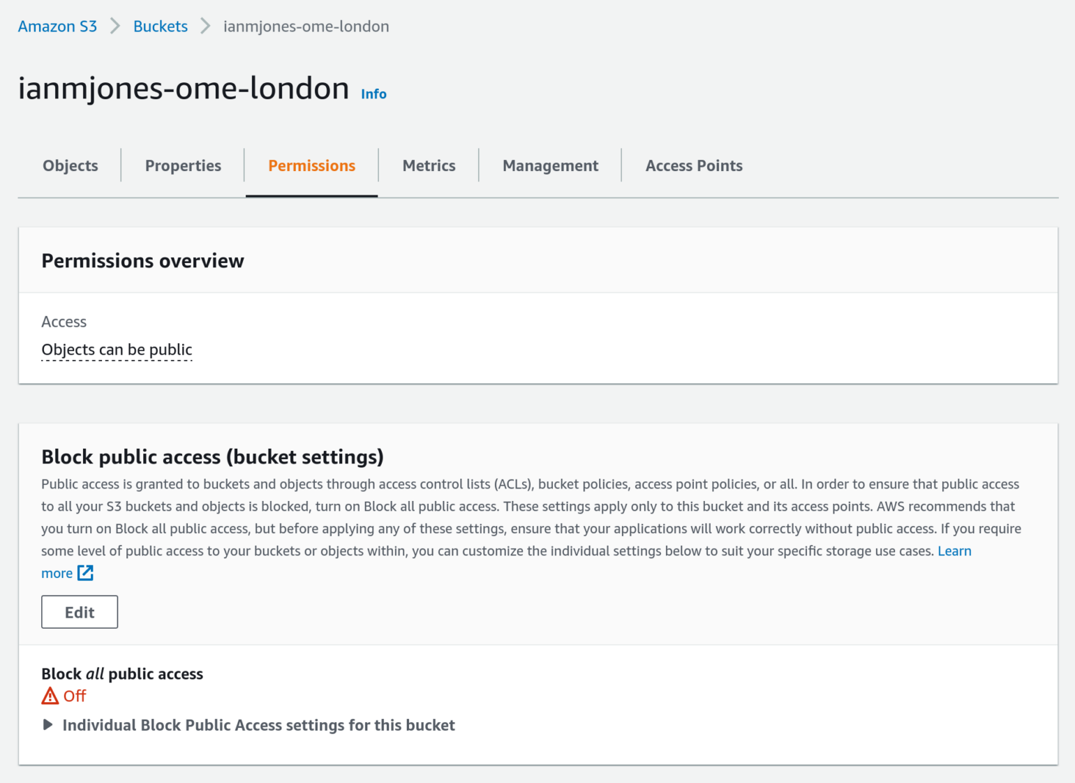 Screenshot of an Amazon S3 bucket displayed in AWS Console showing Block All Public Access disabled