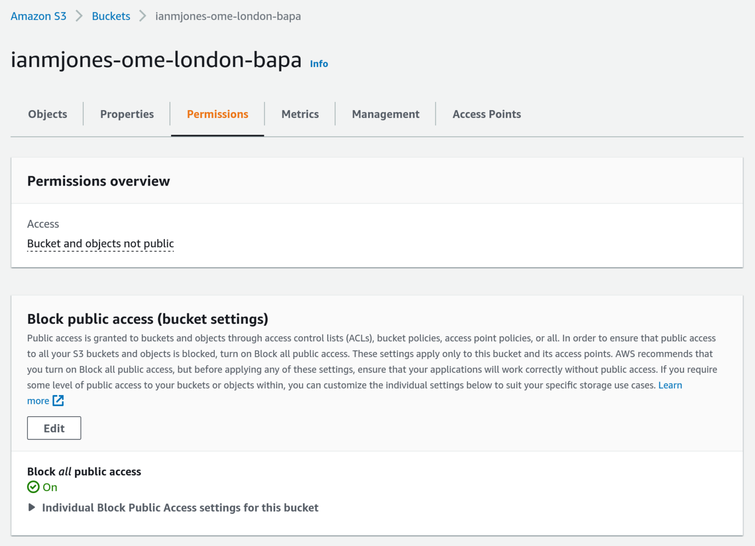 Screenshot of an Amazon S3 bucket displayed in AWS Console showing Block All Public Access enabled