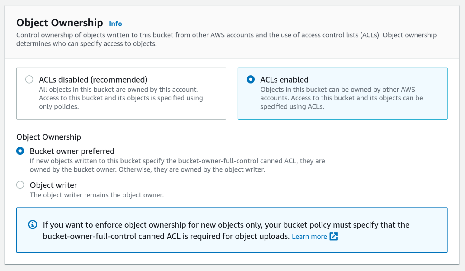 Screenshot of enabling ACLs while creating a new bucket in the AWS Console