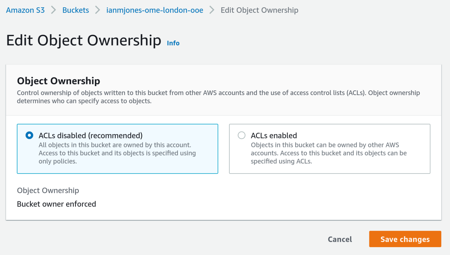 Screenshot of initial Edit Object Ownership page for a bucket in AWS Console when ACLs disabled
