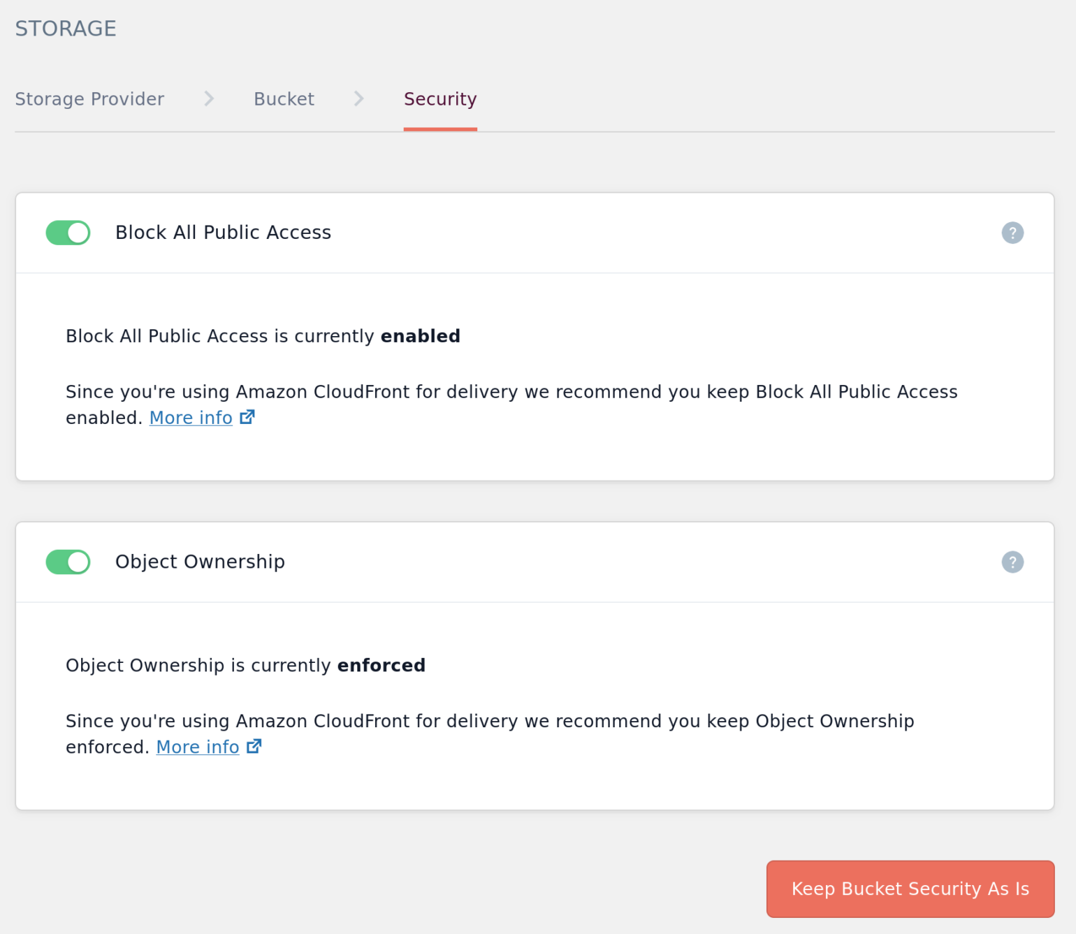 Screenshot of the Bucket Security page shown after selecting an existing Amazon S3 bucket