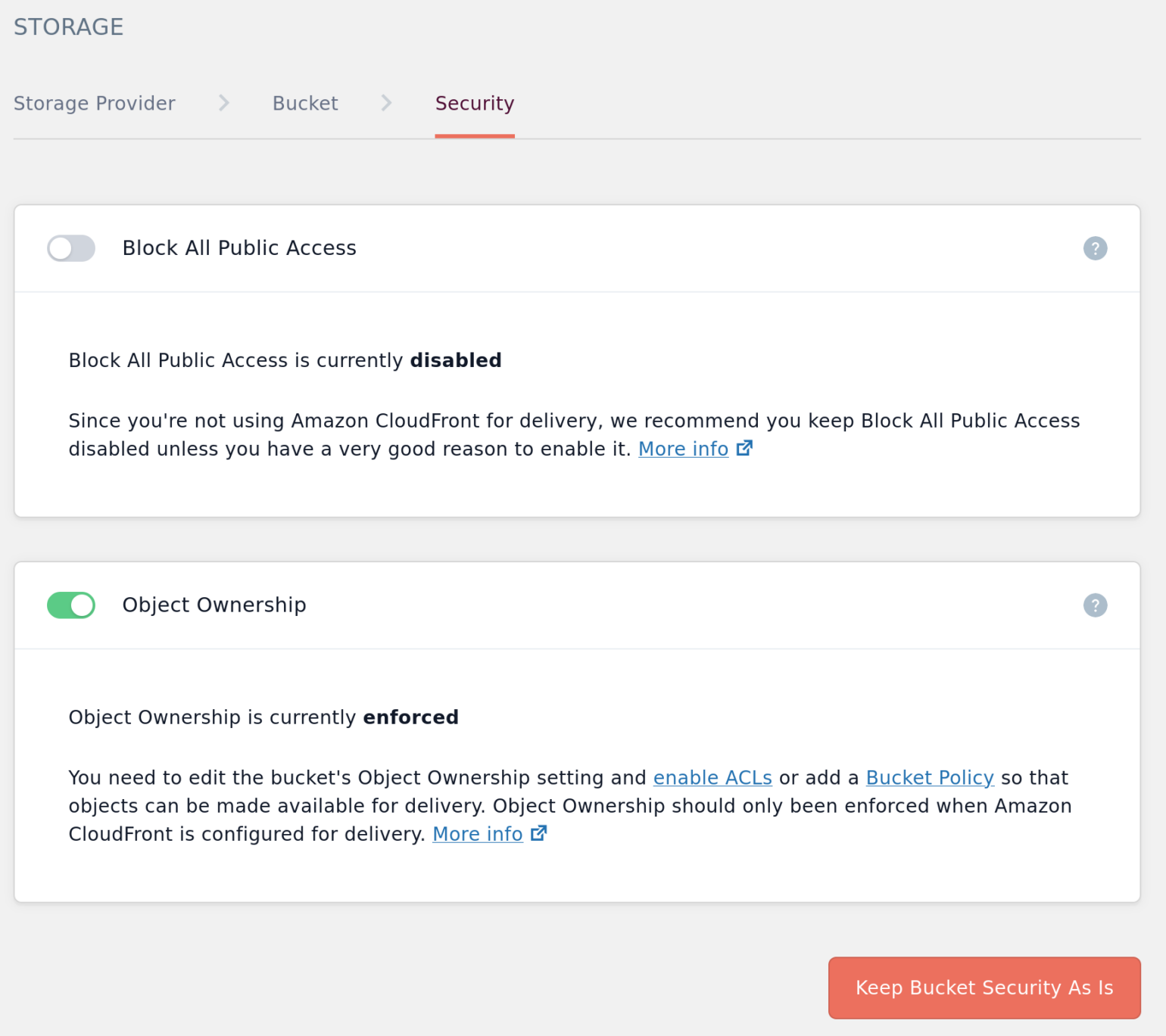 Screenshot of the Bucket Security page with Object Ownership enforced warning that CloudFront is not in use
