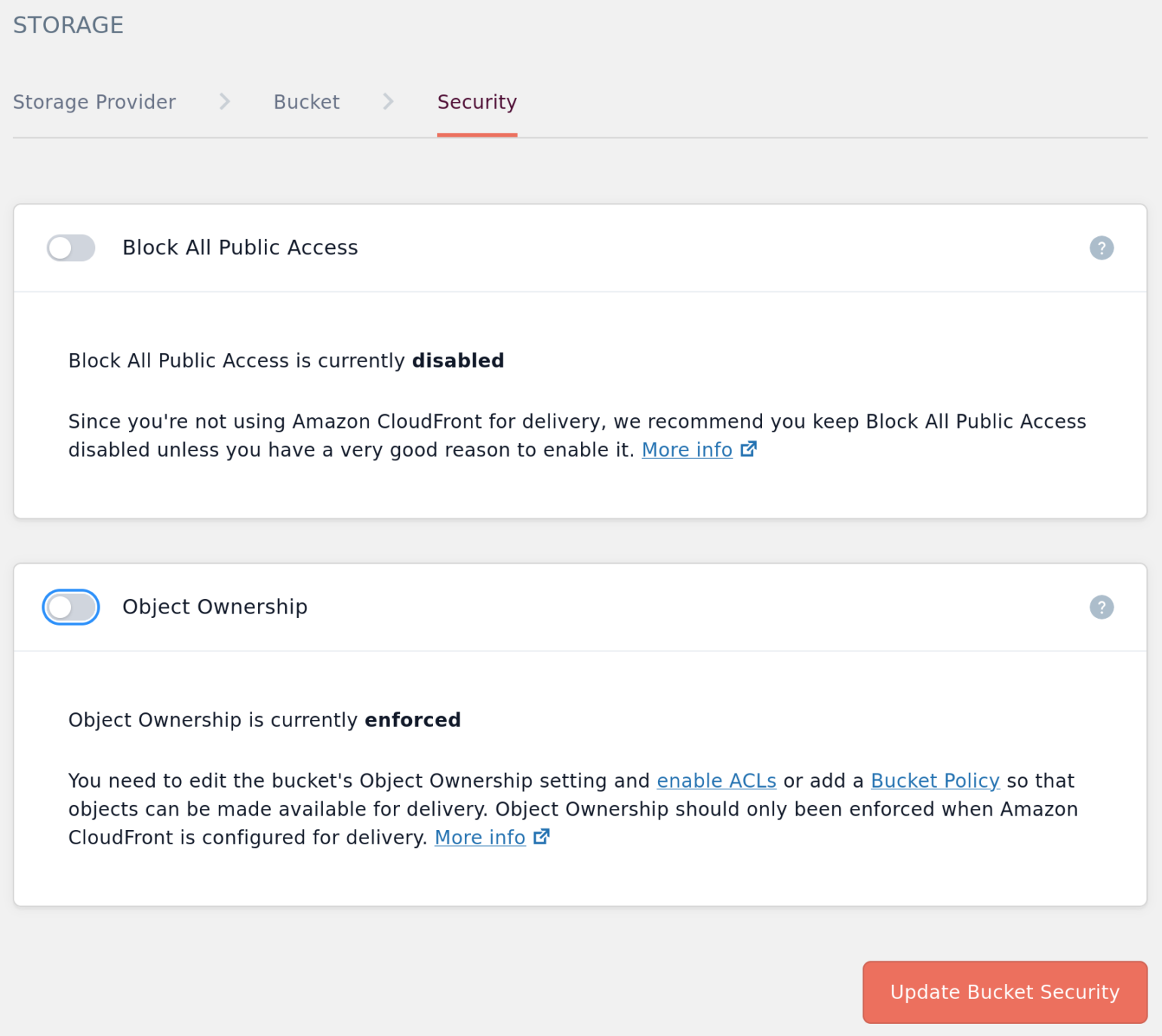 Screenshot of the Bucket Security page with Object Ownership enforcement turned off ready for update