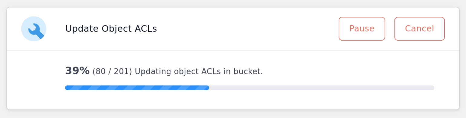 Screenshot of the Update Object ACLs background process progress displayed in the tools tab