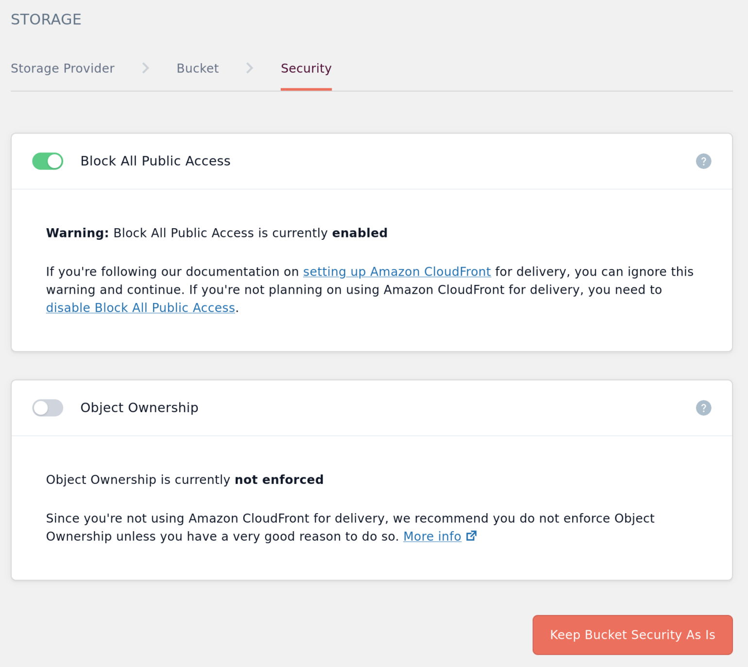 Screenshot of when Block All Public Access to Bucket is enabled on initial set up of WP Offload Media