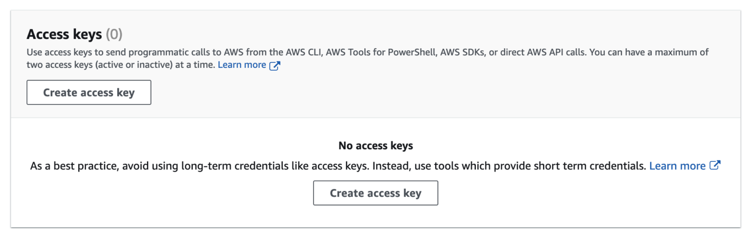AWS IAM Management Console Access Keys Section