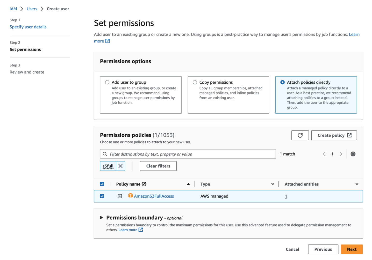 AWS IAM Management Console Add user permissions